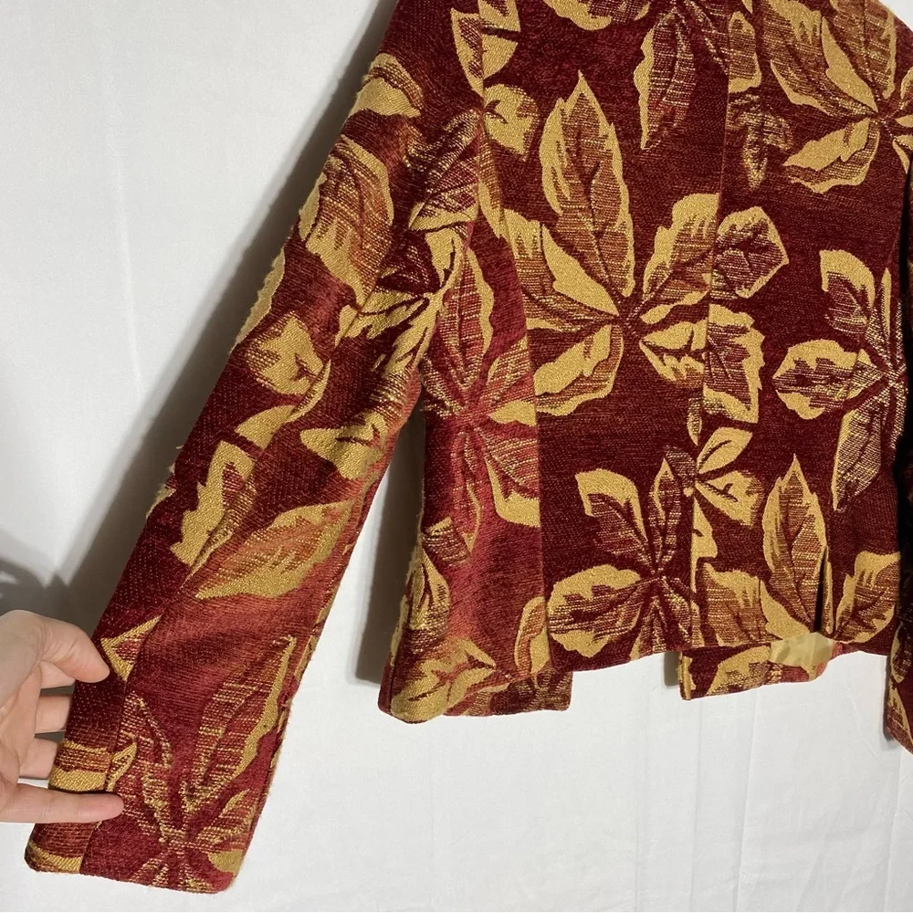 Harvé Benard Red Yellow Chenille Leaf Print Tapestry Open Front Blazer Jacket S - Picture 11 of 14